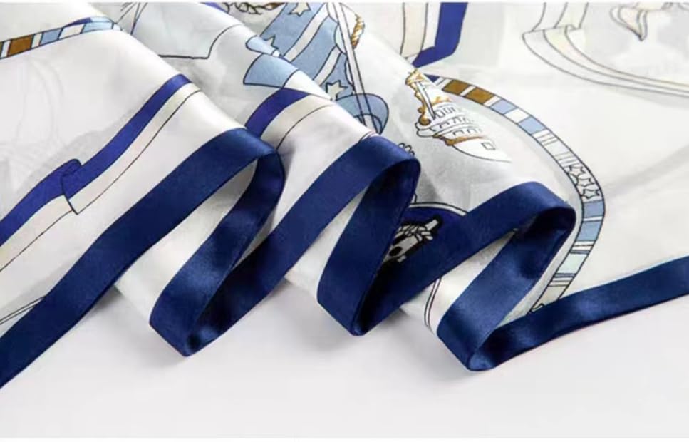 ANDANTINO 100% Silk Scarf for Women 59”*6.3” Long Shawls for Headscarf and Neck- Oblong Hair Wraps with Gift Packed - color: White&blue -Nautical