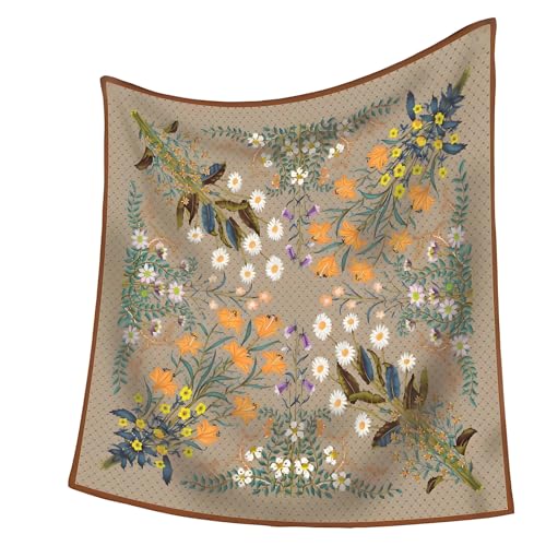Premium Floral Scarf for Women 35x35 Square Silk Feel-Lightweight Scarves Headscarf Bandanas Wrapping Handbag - color: Light Brown