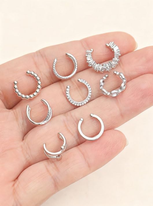 AKEOQI 16 Pcs Ear Cuff Earrings Non Piercing Cubic Zirconia Ear Cuffs for Women Silver Gold Plated Clip on Cartilage Helix Wrap Fake Earrings Jewelry - color: Silver