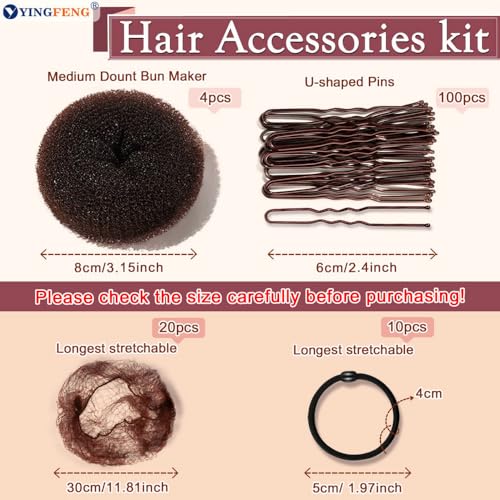 YINGFENG 134 Pcs Brown Hair Bun Maker Kit Medium - 4 Bun Hair Pieces for Women, 20 Hair Net for Buns, 100 Bobby Pins for Women, 10 Hair Bands, for Ballet Styling, Hair Accessories for Girls - color: brown, size: Medium