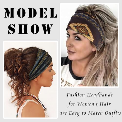 FULZTEY Boho Wide Headbands for Women Vintage Floral Head Bands Large African Bandana Hairbands Non Slip Yoga Workout Sweat Headwraps Cotton Thick Turban Fashion Hair Accessories 4Pcs - color: Style 115