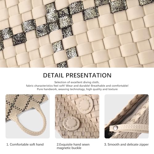 Woven Bag for Women, Large Neoprene Tote Bag Summer Beach Handbag Purse Retro Handmade Travel Shoulder Bag Set - color: Apricot-b