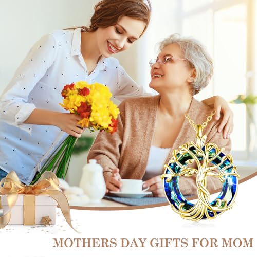TOUPOP Tree of Life Necklace Gifts for Women 925 Sterling Silver Family Tree Pendant with Crystal Birthday Irish Jewelry Gifts for Women Her Wife Mom - color: 03-Gold-Blue Crystal