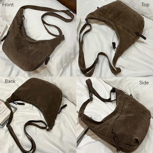 Women's Crescent Crossbody Bag – Large Capacity Suede Sling Bag, Travel Shoulder Bag for Women, Tote Purse - color: Dark Brown