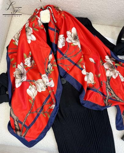 Hioyiwse Head Scarf For Women Hair Bandana 35" Large Square Satin Wrap Sleeping Neck Silk Satin Hair Scarves Lightweight - color: F23-white Flowers on Red Background(35*35inch）