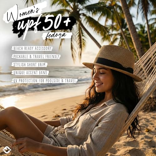Funky Junque Straw Fedora Hats for Women - UPF 50+ Sun Hat, Short Brim Packable Beach Hat with Woven Pattern - color: Brown/Natural Mix W/ Black Band