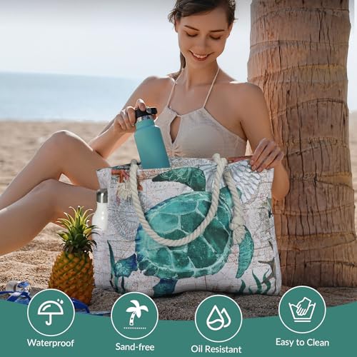 Clothirily Beach Bag for Women - Large Beach Tote Bag, Waterproof Sandproof Beach Bag with Zipper, Large Swim Pool Beach Tote - color: Green Turtle