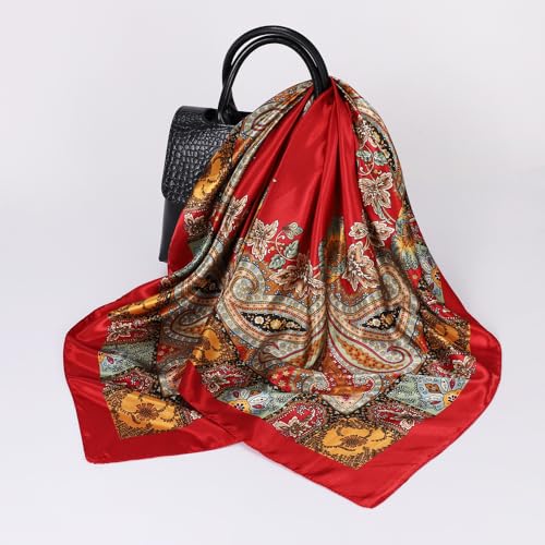 Women Head-Scarf Silk-Feeling-Scarf Hair Scarf Boho-Print Bandanas 35 Inches Square - color: Red