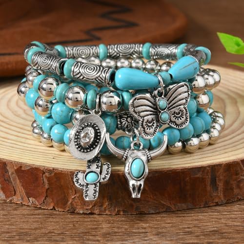 Western Outfit for Women Bohemian Vintage Stackable Turquoise Bracelet Rustic Beaded Cow Head Charm Stretch Bracelet Western Jewelry Country Concert Outfits for Women - style: Style3