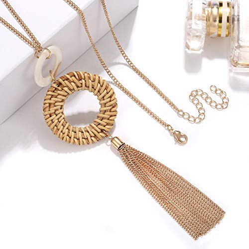 Tassel Pendant Necklace Handmade Straw Wicker Braid Statement Pendant Y-Shaped Long Chain Necklace for Women
