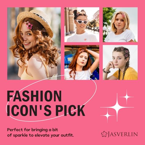 JASVERLIN 36 Pcs Star Snap Hair Clips, Y2k Colorful Cute Barrettes for Women Girls, Thick Fine Non-Slip Hairclips Accessories Glitter Kawaii Rave Assorted Size Style (Pink) - color: Pink
