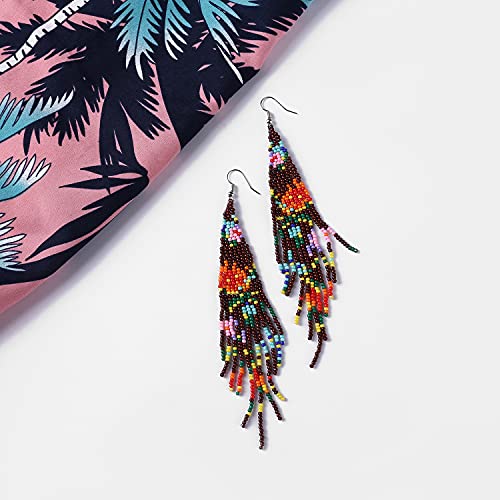 Long Beaded Tassel Earrings - Bohemia Colorful Bead Handmade Beaded Tassel Earrings，Gifts and Christmas - color: Coffee flower