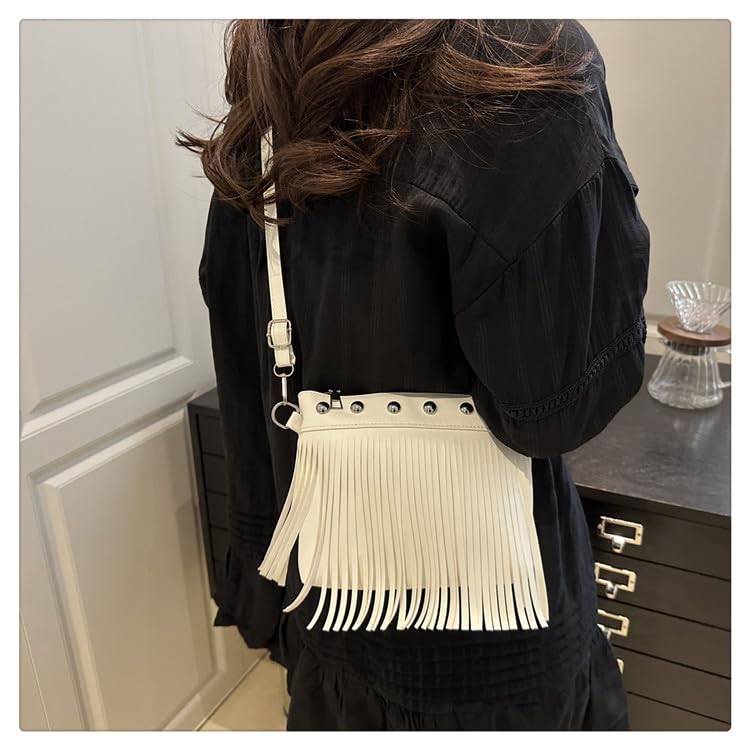Fringe Shoulder Bag with Studs, Vintage Style Crossbody Purse, Spacious Women's Boho Bag - color: White