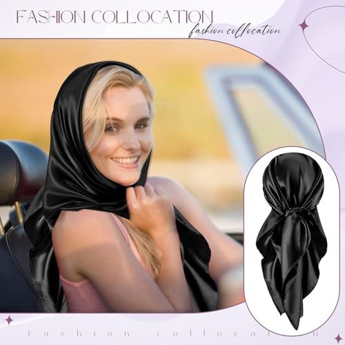 SATINIOR 35 Inch Silky Head Scarf 2 Pcs Large Square Neck Scarf Sleeping Hair Wrapping Satin Bandana for Women - color: Black, Light Purple, style: Classic
