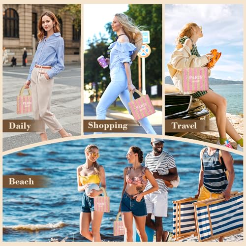 Straw Beach Bag for Women Summer Woven Tote Bag Packable Straw Purses and Handbags for Vacation Holiday - color: S-pink