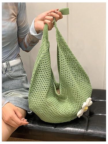 OYOANGLE Women's Floral Applique Crochet Beach Tote Bag Summer Boho Mesh Woven Tote Bag - color: Green