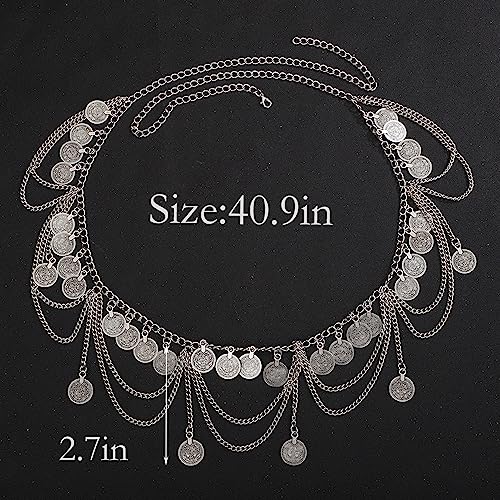 Wiwpar Boho Silver Sexy Multi Layer Metal Waist Chain Layered Body Chain Coin Belly Waist Chain Summer Beach Rave Body Jewelry for Women Disc Party Prom Wedding (Silver)