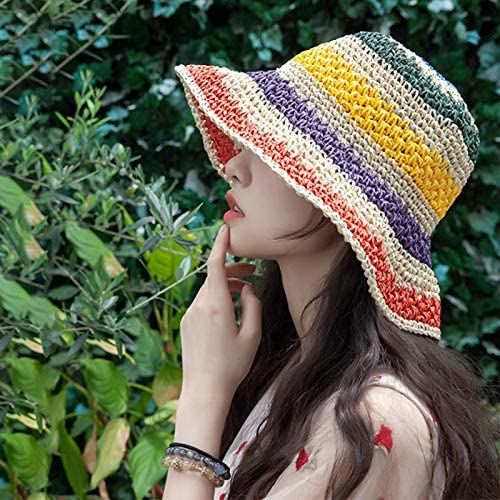 Women Straw Sun Hat Floral Woven Crochet Bucket Hat Y2k Aesthetic Accessories Beach Hat Hand Woven Boho Foldable Cap - color: Striped C