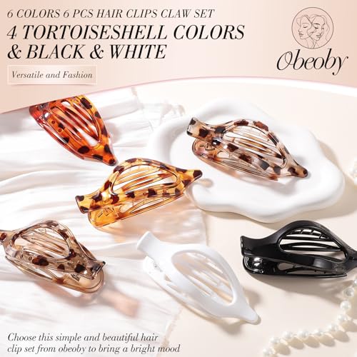 Obeoby 6 PCS Flat Hair Clips for Women, French Flat Claw Clips Hair Accessories Barrettes Large Medium Duckbill Stocking Stuffers Christmas Gifts (Tortoiseshell) - color: 4Tortoiseshell,black, white