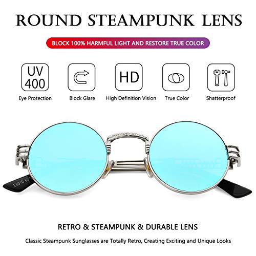 AIEYEZO Round Steampunk Sunglasses for Men Women Retro Circle Hippie Glasses Metal Frame 100% UV Blocking Lens - color: Silver/Ice Blue Mirror