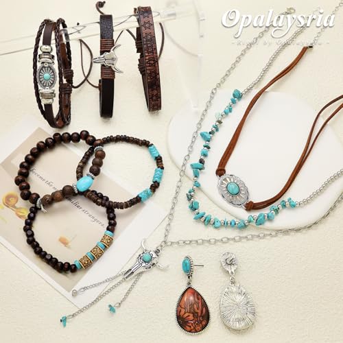 3 Pcs Layered Western Jewelry Set for Women Boho Turquoise Beaded OX-Head Necklaces Western Cactus Cowboy Chic Earrings Rustic Cowgirl Stack Bracelets Country Concert Outfits Accessory - color: OX-Head Tassel