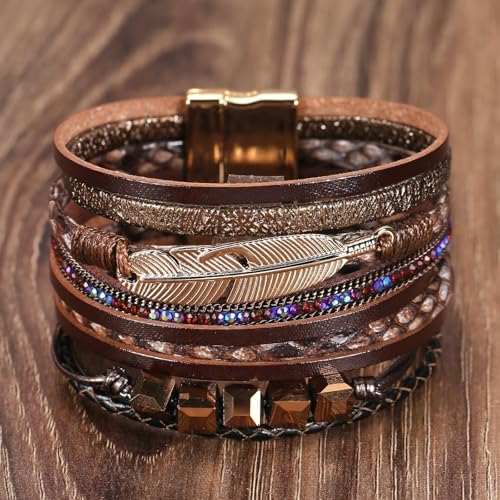 Fesciory Leopard Bracelet for Women, Boho Leather Wrap Multi-Layer Pearl Crystal Bracelet Bangle Jewelry - style: Cube(Brown)