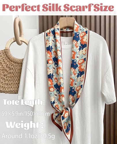 kcctoo 59” Long Silk Like Head Scarf Women's Fashion Square Neck Satin Scarfs for Bag Hair Scarves Gift 59 * 5.9” - color: A1 Bright Flowers 59" X 5.9"