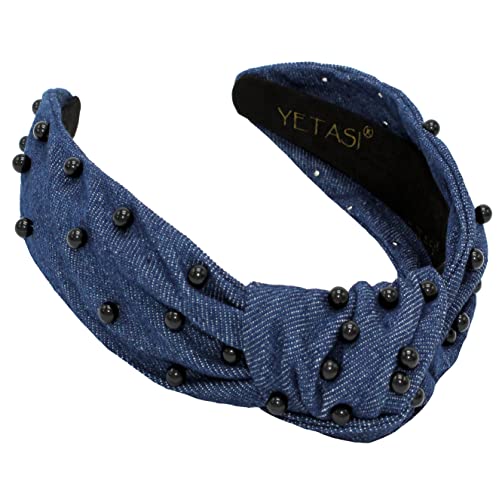 Blue Knotted Headband for Women is a Comfy Denim with Black Pearl Headbands for Women Dark Blue Jean Headband Top Knot for Girls Hair Fashion Designer - color: Blue Denim Black Pearl