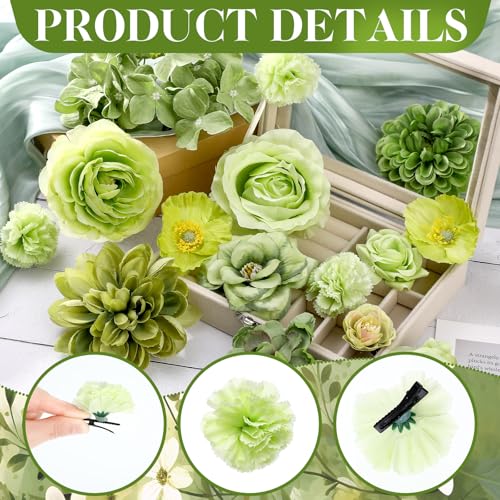 BBTO 21 Pcs Flower Hair Clip Rose Hair Clips Barrettes for Women Flower Accessories Boho Bride Claw Clip Hairpin Brooch Pin Headpiece for Wedding (Green Series) - color: Green Series