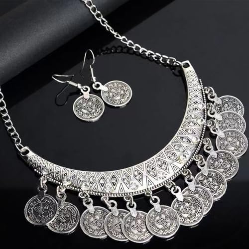 FUTIMELY Chunky Coin Necklace Earrings Set,Bohemia Plated Gold Coin Tassel Personalized Choker Earrings,Ethnic Gypsy Statement Jewelry Set for Women - color: Silver