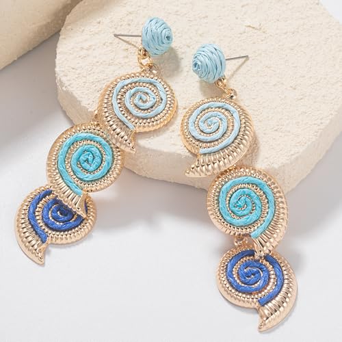 Boho Raffia Earrings Starfish Shell Seashell Dangle Drop Earrings Cute Statemnet Trendy Jewelry Summer Beach Outfits for Women - color: Blue, size: Seashell