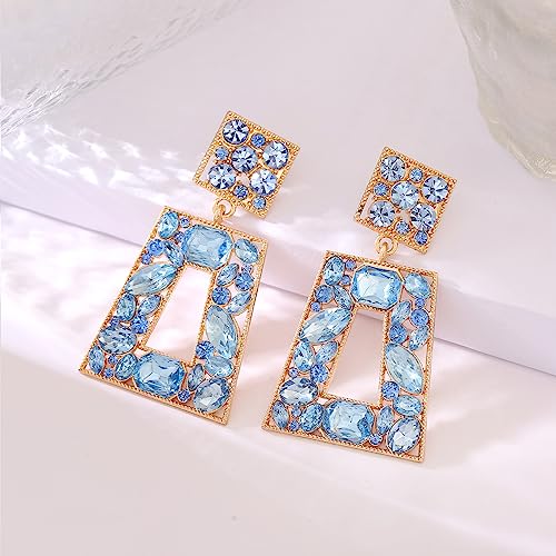 Rhinestone Rectangle Statement Earrings Colorful Crystal Geometric Drop Dangle Earrings for Women Prom Party - color: Light Blue
