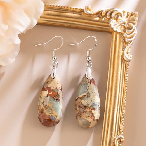 Stone Drop Earrings for Women Earrings Teardrop Jasper Stone Dangle Earrings - color: Brown-Silvery Hook