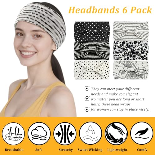 6 Pack Boho Style Women's Headbands, Non slip Fashion Wide Elastic hairband, Daily Sports Yoga Workout Women's Hair Bands,Floral Print-WhiteBlack - color: Type 11