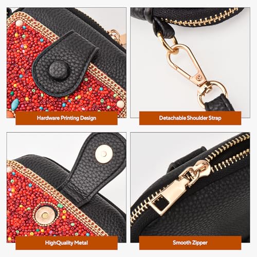 Women's Small Crossbody Cell Phone Bag, Boho Colorful Beaded Purse Wallet with Handmade Cute Patterns - color: Tree-red