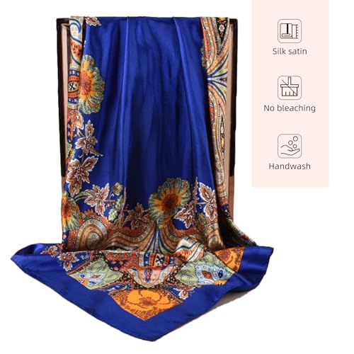 35 x 35 Women's Fashion Pattern Large Square Silk Like Hair Scarf Head Sleeping Wrap Satin Neck Bandana for Gift… - color: Big Cashew Navy Blue