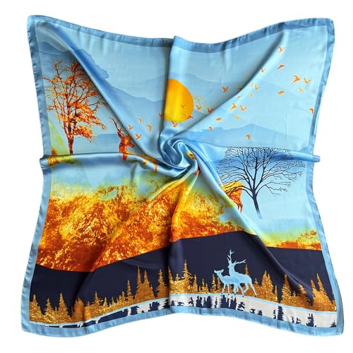 Julunar Silk Like Head Scarf for Women - Satin Large Hair Scarves - 35" Square Silk Hair Wrap for Sleeping with Gift Packed - color: A020-1 Sun & Woodland