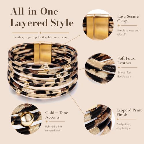 Fesciory Leopard Bracelet for Women, Boho Leather Wrap Multi-Layer Pearl Crystal Bracelet Bangle Jewelry - style: Brown Leopard