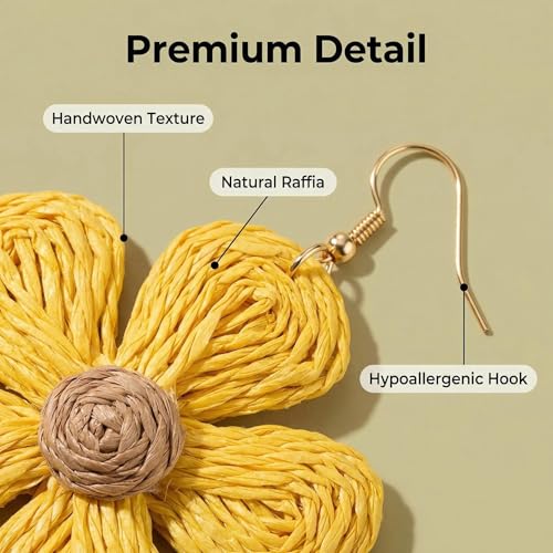 Woven Raffia Rattan Earrings for Women, Boho Flower Hoop & Drop Dangle Earrings Collection, Handmade Summer Beach Vacation Statement Earrings for Party Daily Wear - color: Yellow Flower Drop