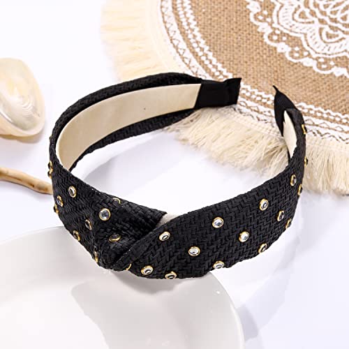 BVGA Rhinestone Rattan Headband Straw Headbands Fashion Rattan Wide Head Band Boho Headbands Summer Bohemian Woven Headwear Hair Head Knot Headband for Woman Girl Hair Accessories(black)