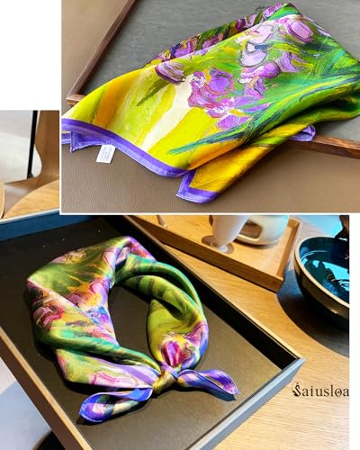 Saiusloa Neck Scarf For Womens Silky Head Scarves Hair Bandanas Square Scarf Fashion Accessories lightweight - color: 12-purple Green Oil Painting