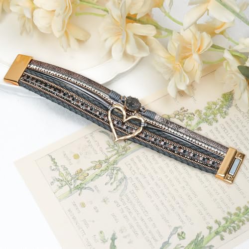 Leather Wrap Bracelet for Women, Boho Cuff Bracelet with Strong Clasp, Multi-Layer Crystal Leather Bracelet for Valentine Mother's Day - color: 01-Heart-Grey