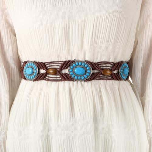 WHIPPY Boho Turquoise Belt for Women Wax Rope Braided Waist Belt Western Hand-Woven Bead Tassel Belts for Dress, 2” Wide - color: Coffee
