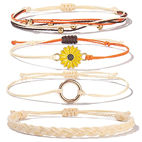 FANCY SHINY Easter Gifts Basket Stuffers Sunflower String Bracelet Boho Braided Rope Wrap Bracelets Cute Summer Beach Surfer Jewelry for Women - color: Beige