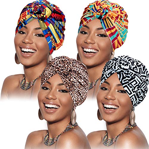SATINIOR 4 Pieces African Pattern Headwrap Pre-Tied Bonnet Turban Knot Beanie Cap Headwrap Hat - style: Geometry Leopard Coffee Style
