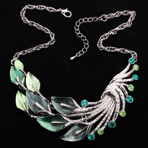 YAZILIND Ethnic Style Tibetan Silver Peacock Crystal Chunky Bib Earrings Necklace Set Wedding Party - color: Green