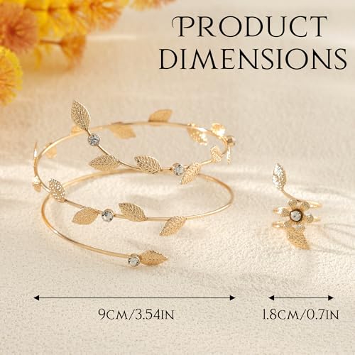 Gold Arm Cuff with Ring, 2 Pcs Open Upper Arm Bracelet and Ring with Rhinestones, Adjustable Metal Armband Jewelry Set - color: Leaves