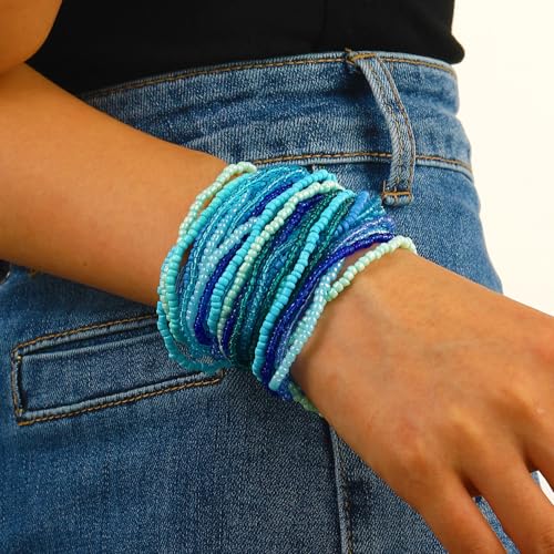 17pcs Bohemian Stackable Multilayer Elastic Bracelets - Handmade Seed Beaded Jewelry for Women & Girls - color: 30Pcs Blue