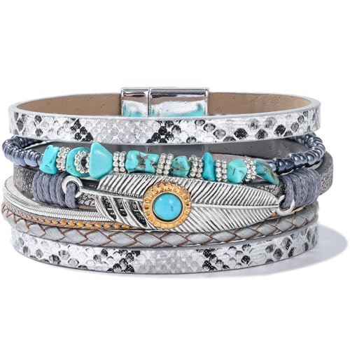 FANCY SHINY Turquoise Boho Leather Bracelet Stackable Chunky Wrap Bangle Bracelets Cowboy Cowgirl Chic Western Jewelry Gift for Women - color: Silver