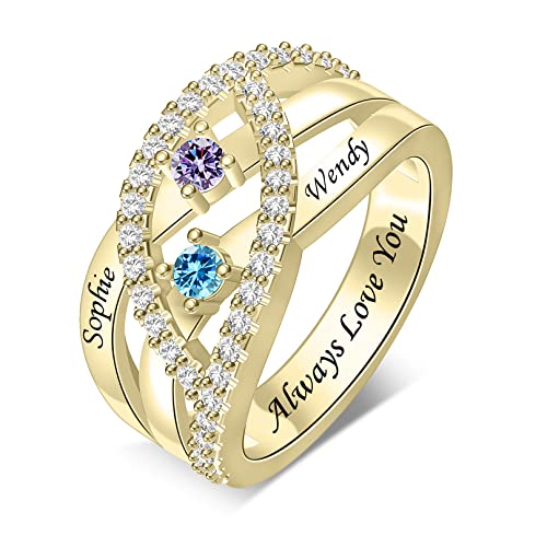 Personalized Name Family Rings Custom 1-6 Birthstones Mother's Rings Sterling Silver Promise Ring for Mother's Day Daughter Grandma Women - color: 2 Stones